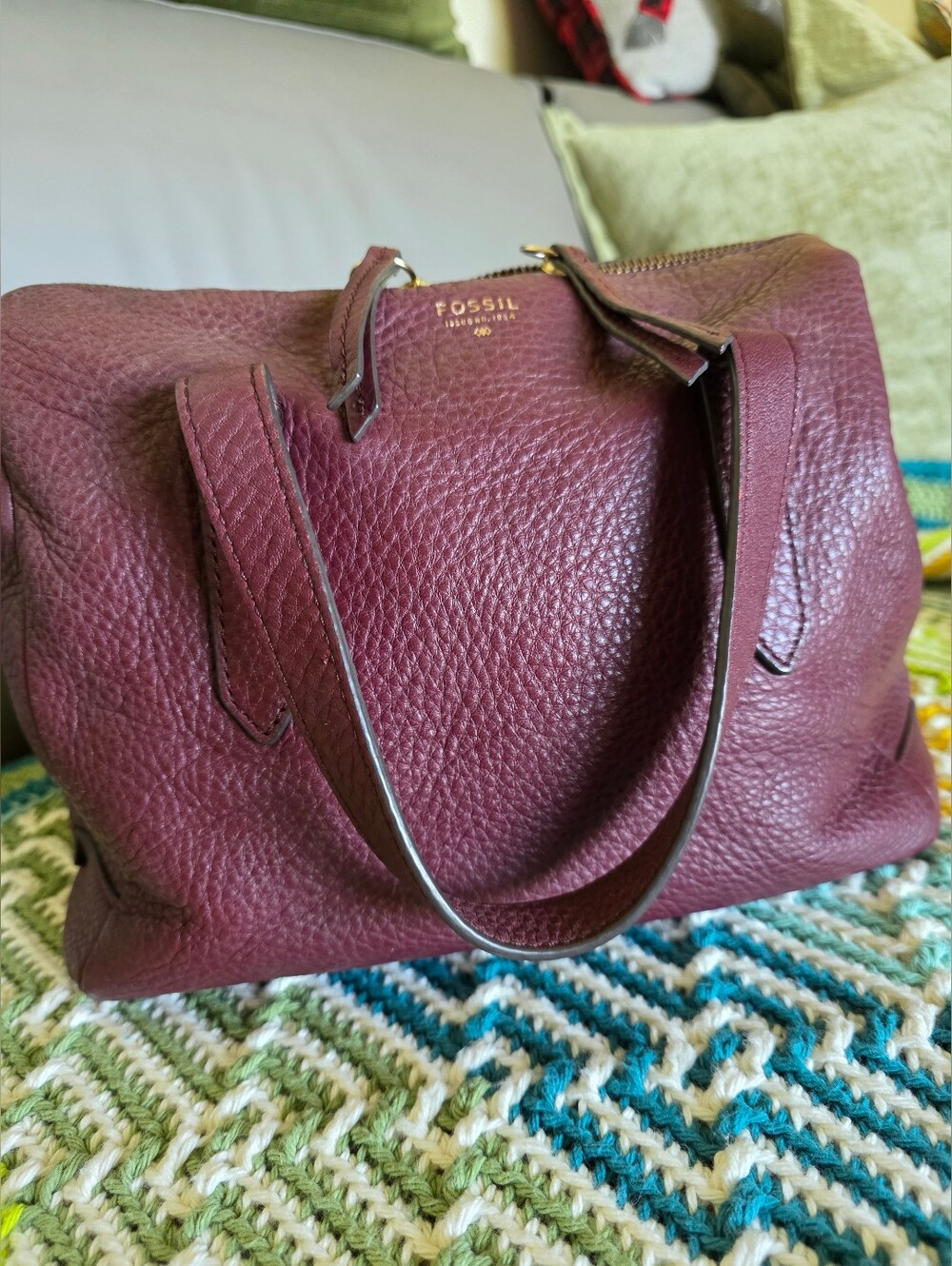 Fossil Sydney Satchel Plum Pebble Leather Satchel with Gold Accents 10×9.5×5.5